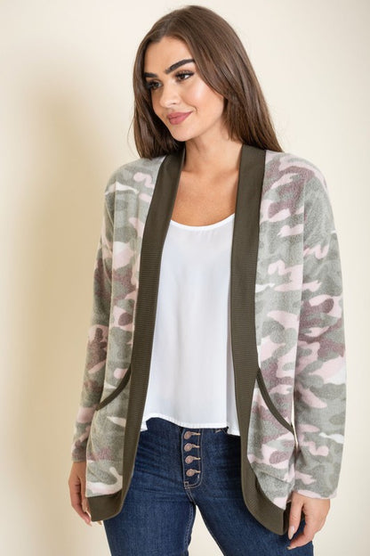 Cozy camo cardigan in olive, perfect for casual layering.