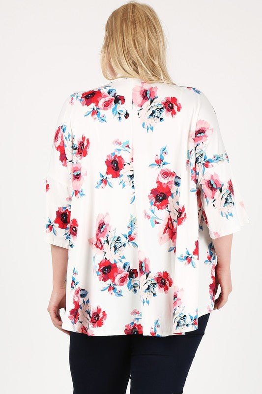 Ivory open-front floral cardigan with relaxed fit and short sleeves