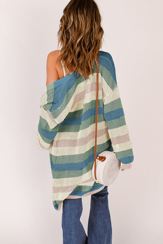 Lightweight knit striped cardigan in green, blue, tan, and cream shades
