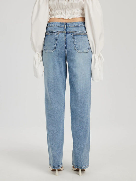 Back view of relaxed high-waist straight-leg jeans with a flattering straight-leg fit.
