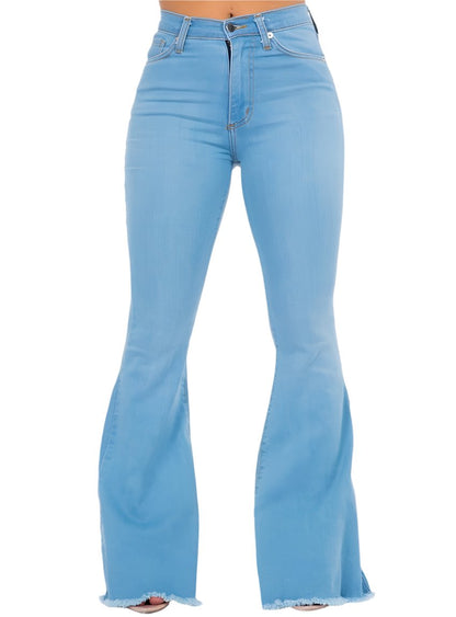 High-rise light-wash flare jeans with a frayed hem for added style
