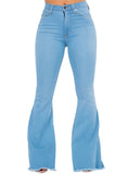 High-rise light-wash flare jeans with a frayed hem for added style
