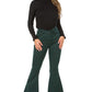 Stylish pine green leopard bell bottom jeans made from stretchy denim fabric.
