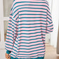 Soft and stretchy pink striped sweater with retro teal stripes.
