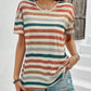 Lightweight vintage striped tee in earth tones styled for a casual summer outfit
