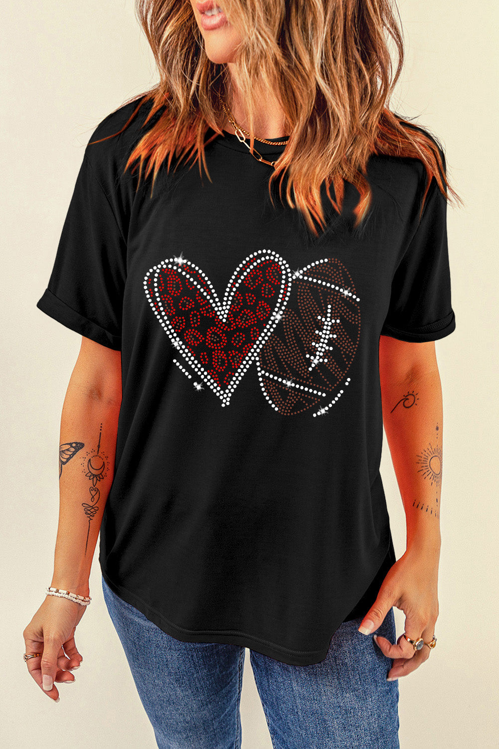 Trendy football T-shirt with rhinestones for a stylish game-day look
