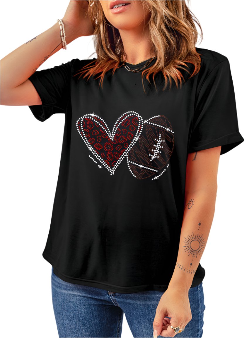 Woman wearing a black rhinestone-embellished football T-shirt
