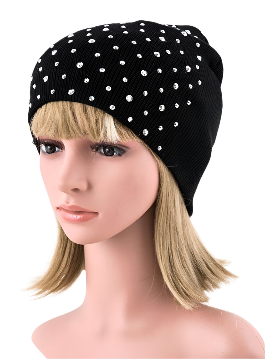 Black knit beanie with sparkling rhinestone stud pattern 

