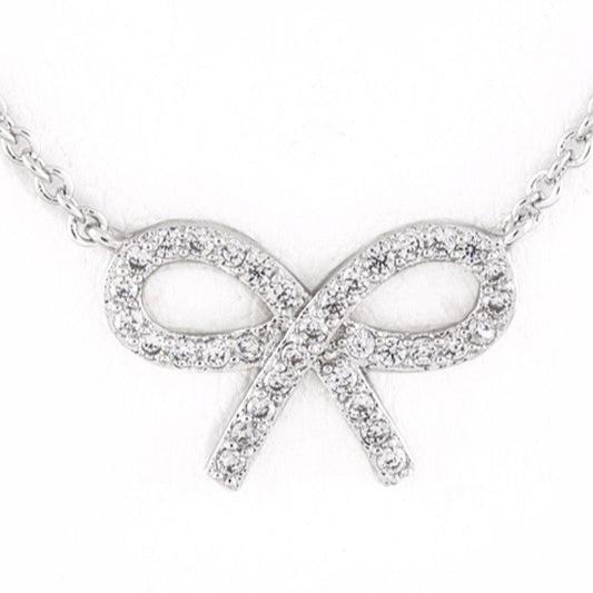 Close-up of a cubic zirconia bow necklace with an 18-inch adjustable chain