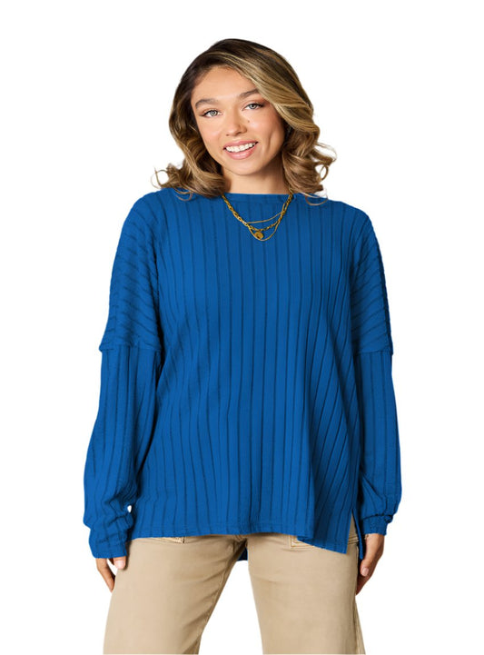 Front view of ribbed long sleeve blue sweater for women.
