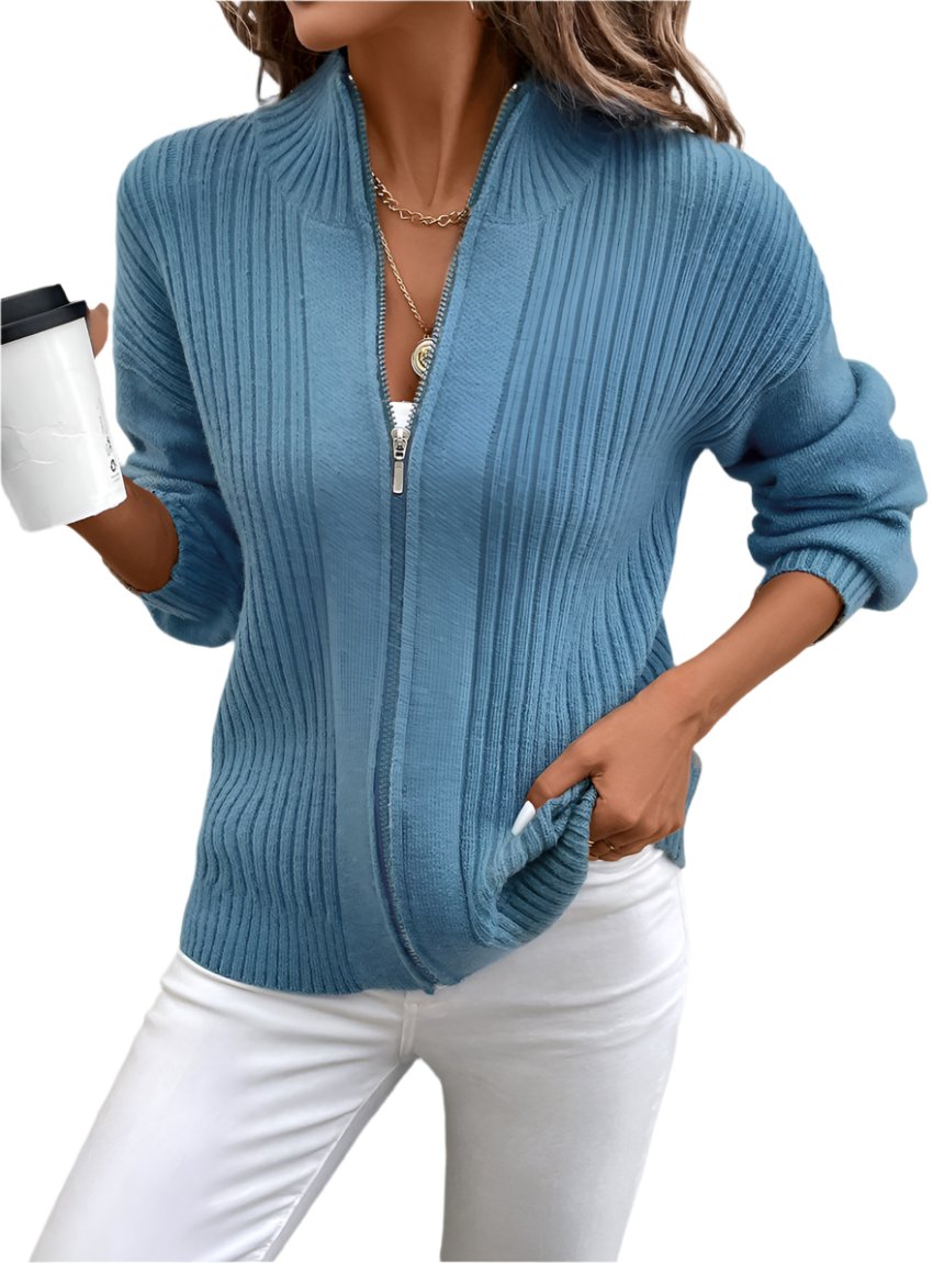 Cozy ribbed zip-up cardigan in blue, perfect for fall layering.
