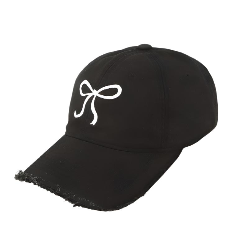 Black baseball cap with ribbon embroidery detail
