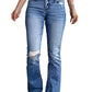 High waist flare jeans with ripped and raw hem details front view