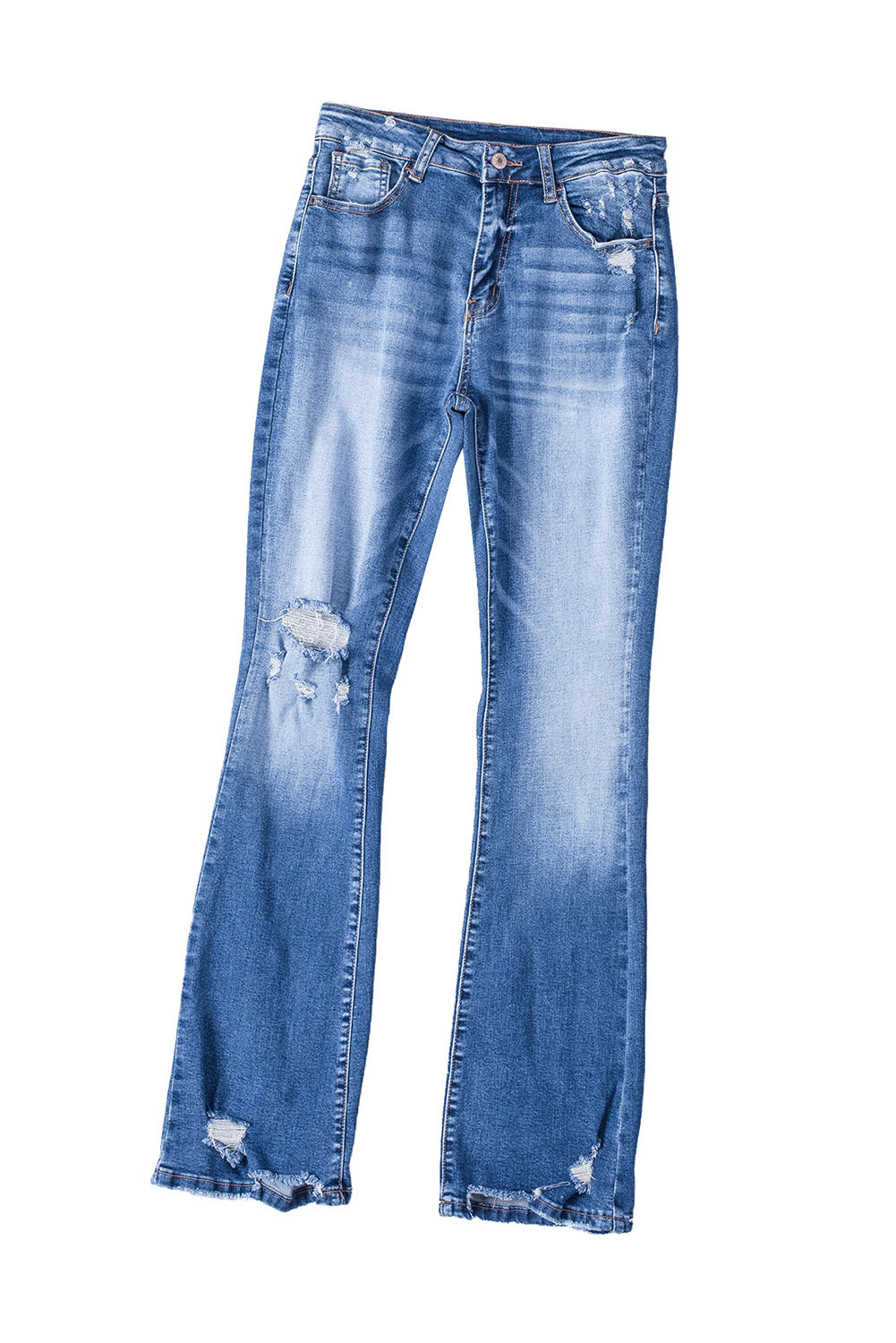 Comfortable fit of high waist flare jeans with ripped and raw hem design