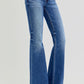 Medium wash RISEN low rise flare jeans highlighting the timeless flare silhouette.
