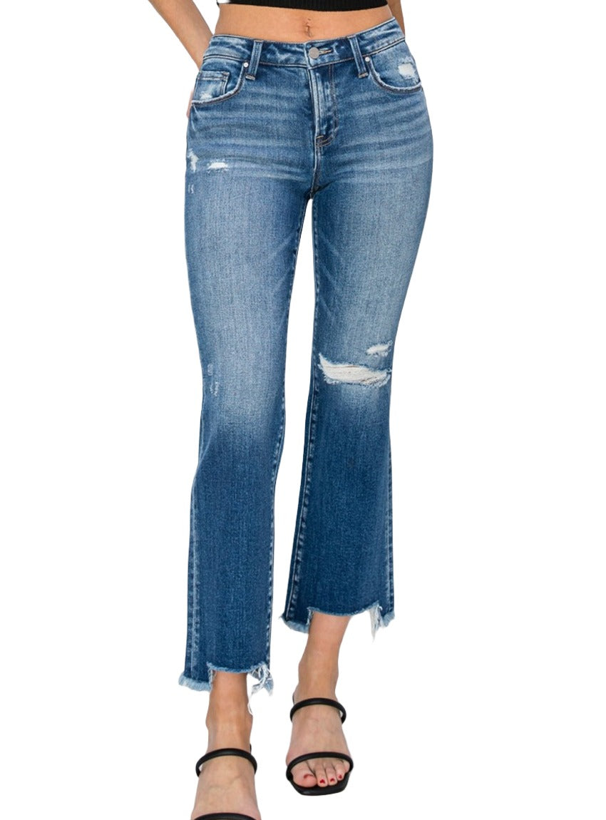 RISEN Frayed Step Hem Ankle Straight Jeans with a stylish design.