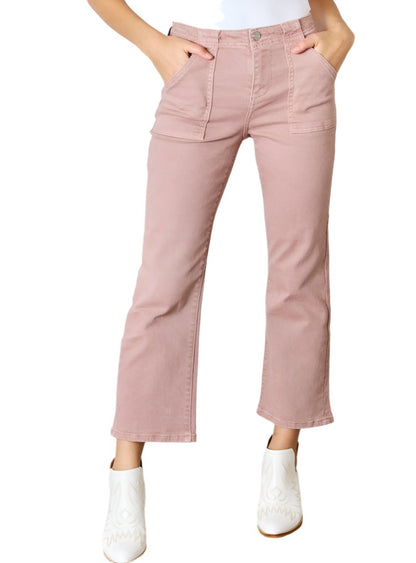 Front view of RISEN High Rise Ankle Flare Jeans in pink.