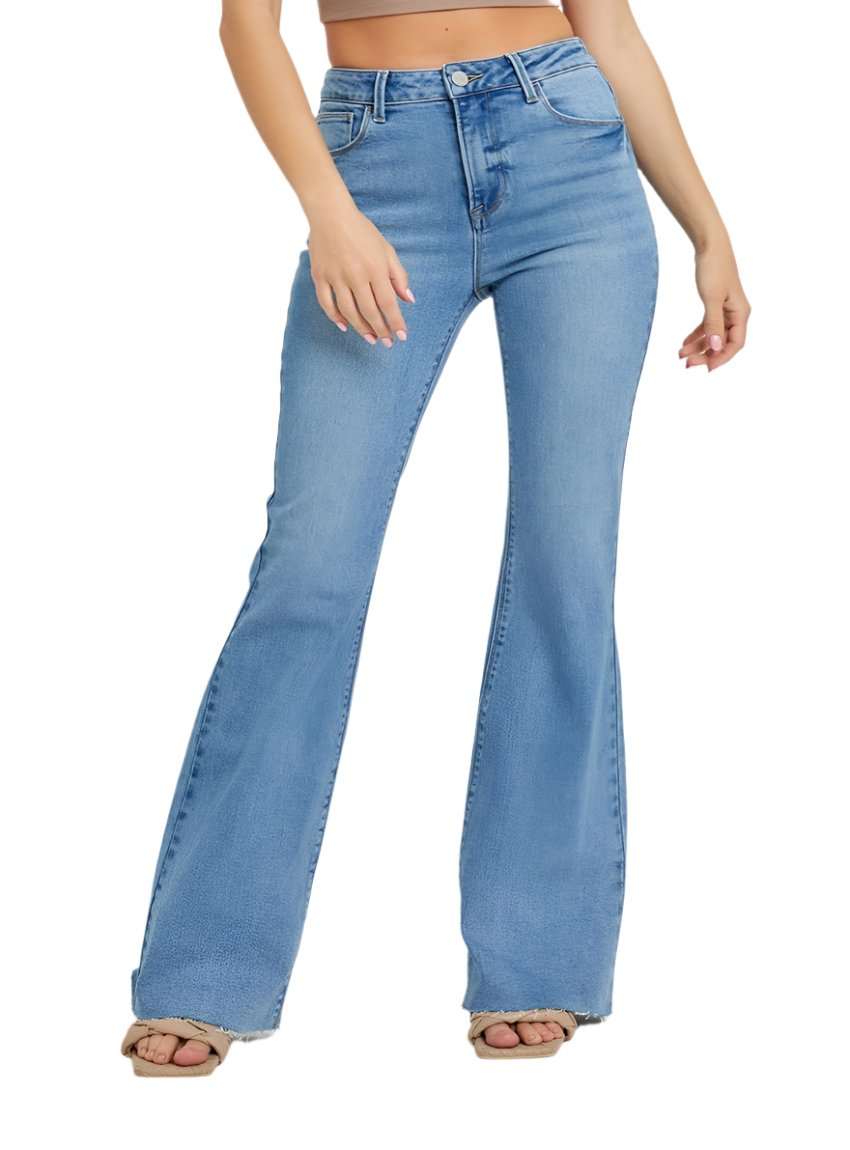 Front view of RISEN High Rise Raw Cut Hem Bootcut Jeans in light wash denim.