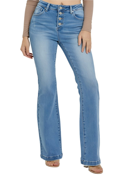 Front view of light-wash RISEN bootcut jeans with button fly detail.
