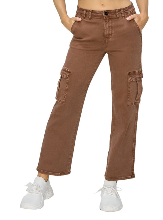 Front view of RISEN High Rise Cargo Jeans in caramel with functional pockets.
