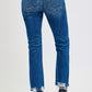 Back view of RISEN High Rise Distressed Crop Straight Jeans with raw hem and pocket detail.
