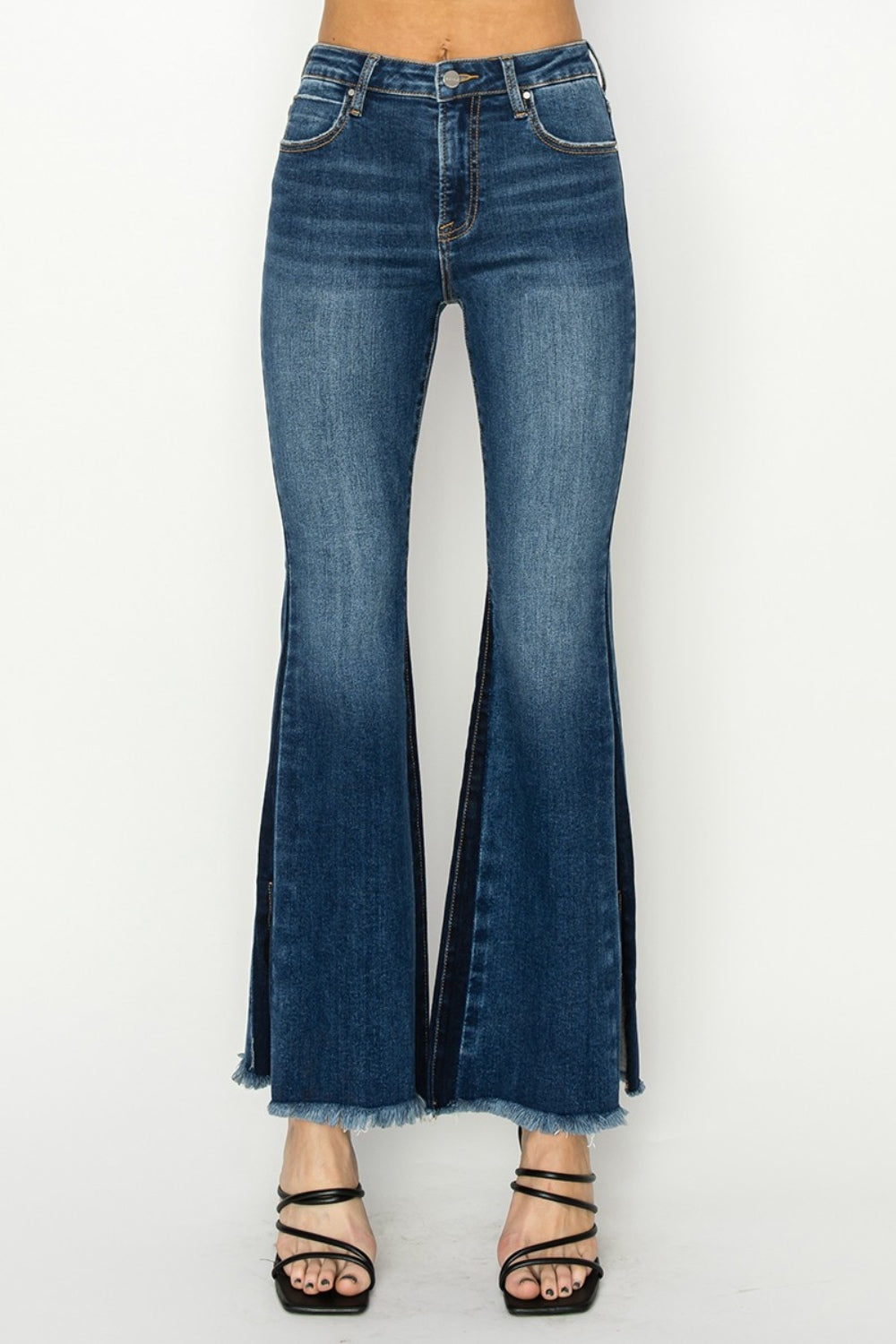 RISEN High Rise Side Shadow Seam Detail Slit Flare Jeans in a dark denim wash, front view.