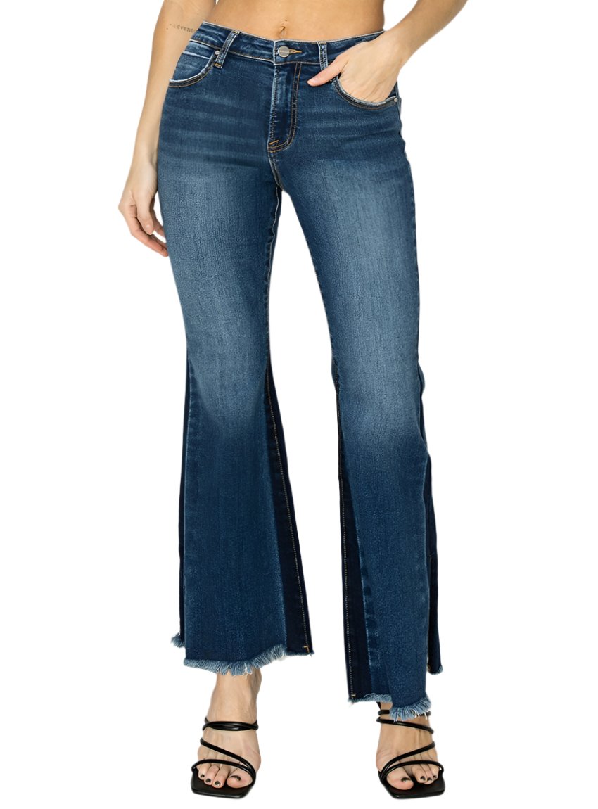 Front view of RISEN High Rise Side Shadow Seam Detail Slit Flare Jeans showcasing the high-rise waist and flare silhouette.