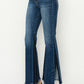 Side view of RISEN High Rise Side Shadow Seam Detail Slit Flare Jeans, highlighting the unique side shadow seam.