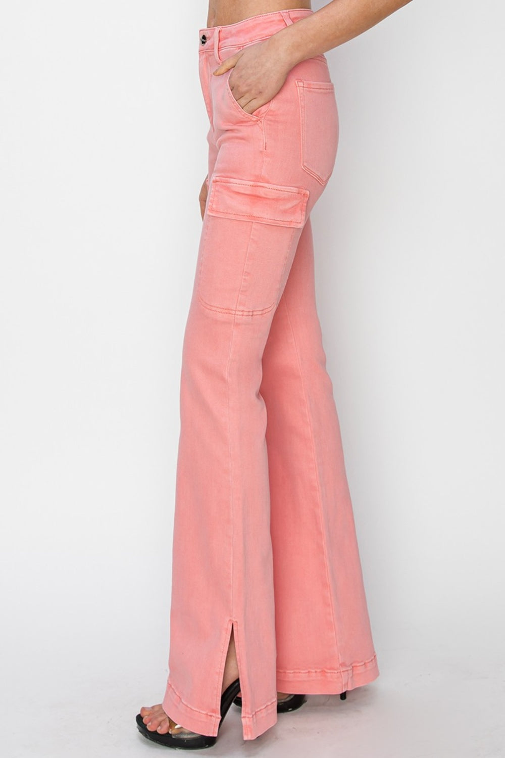 RISEN High Rise Side Slit Cargo Bootcut Jeans in Pink displayed on a model