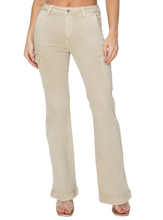 Risen High Rise Side Slit Cargo Bootcut Jeans in khaki, front view.