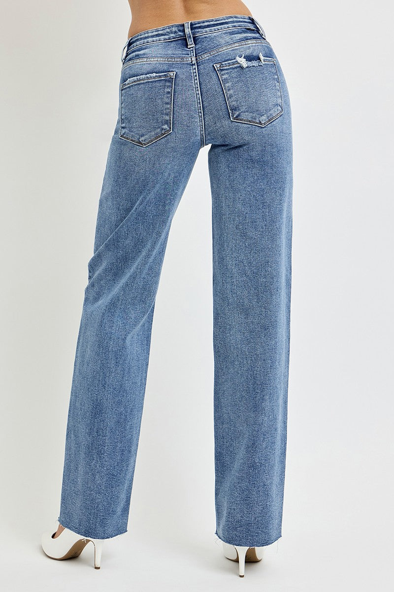 Back view of RISEN straight-leg jeans showcasing pocket details.
