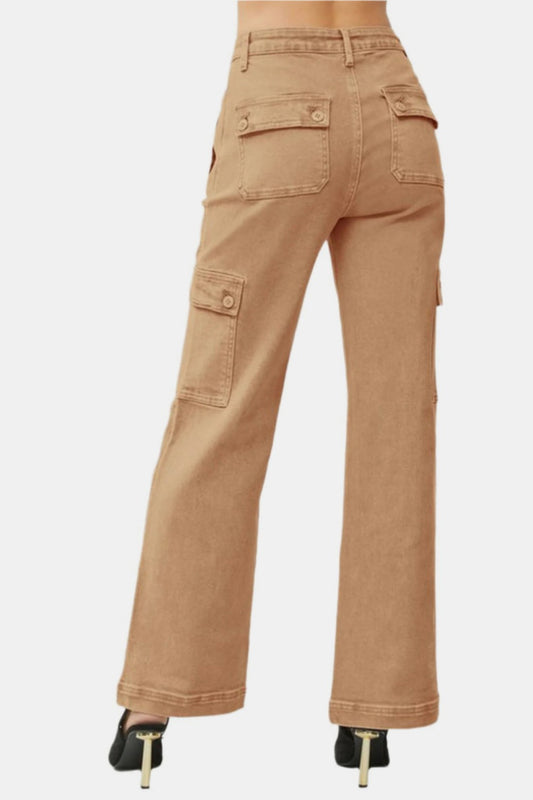 Back view of RISEN high rise wide leg cargo jeans featuring a relaxed wide-leg fit.
