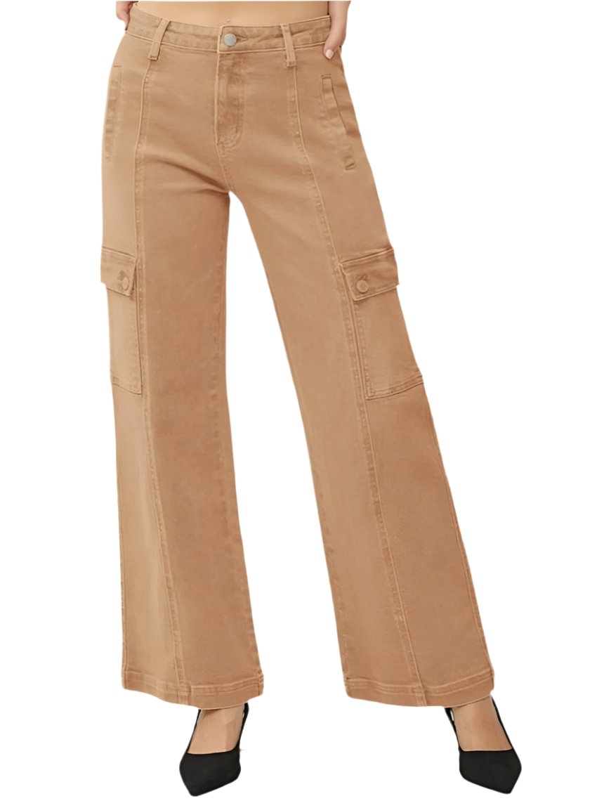 Front view of RISEN high rise wide leg cargo jeans with functional pockets in camel.
