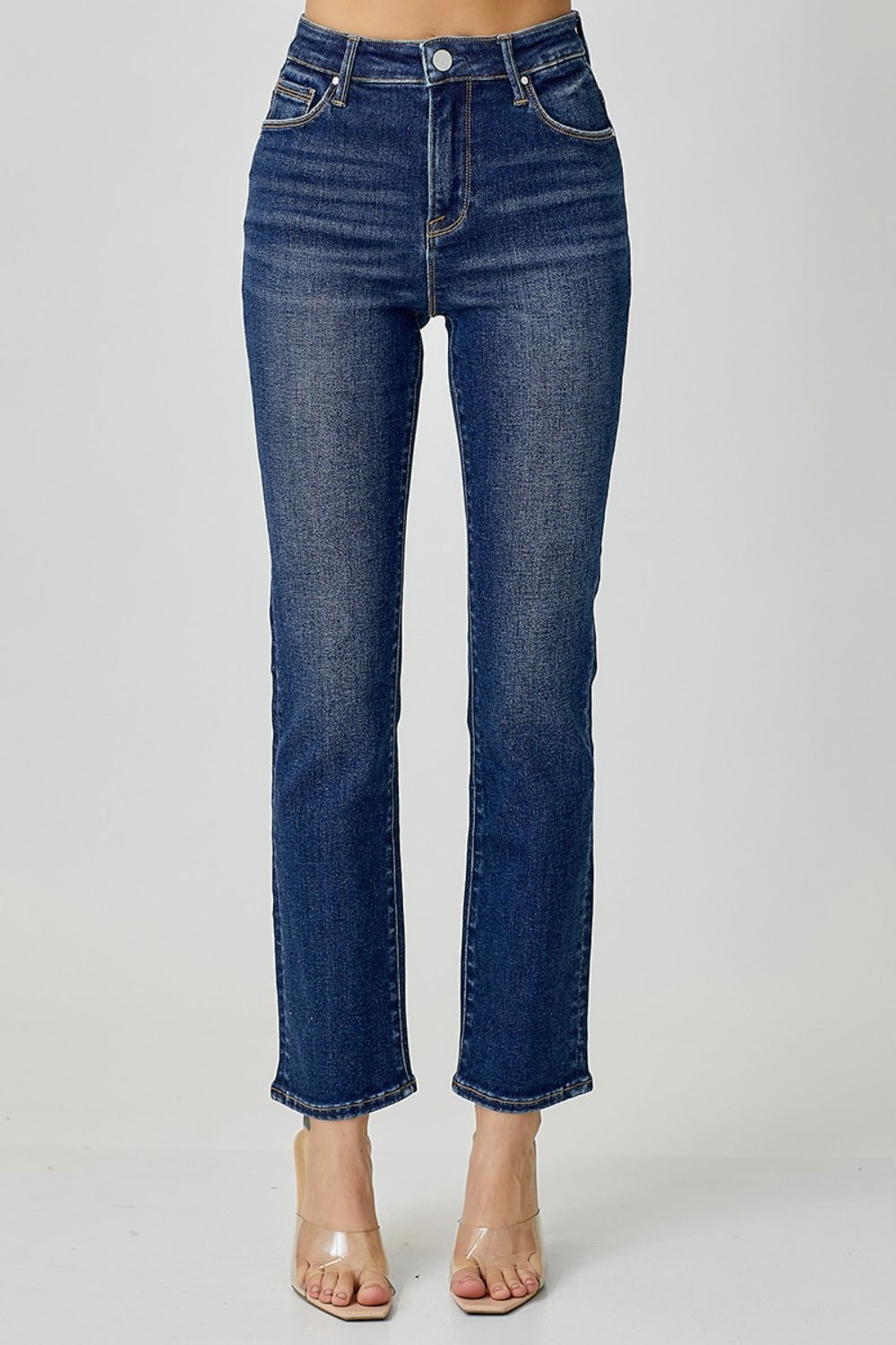 RISEN High Waist Straight Jeans in a dark denim wash, front view.