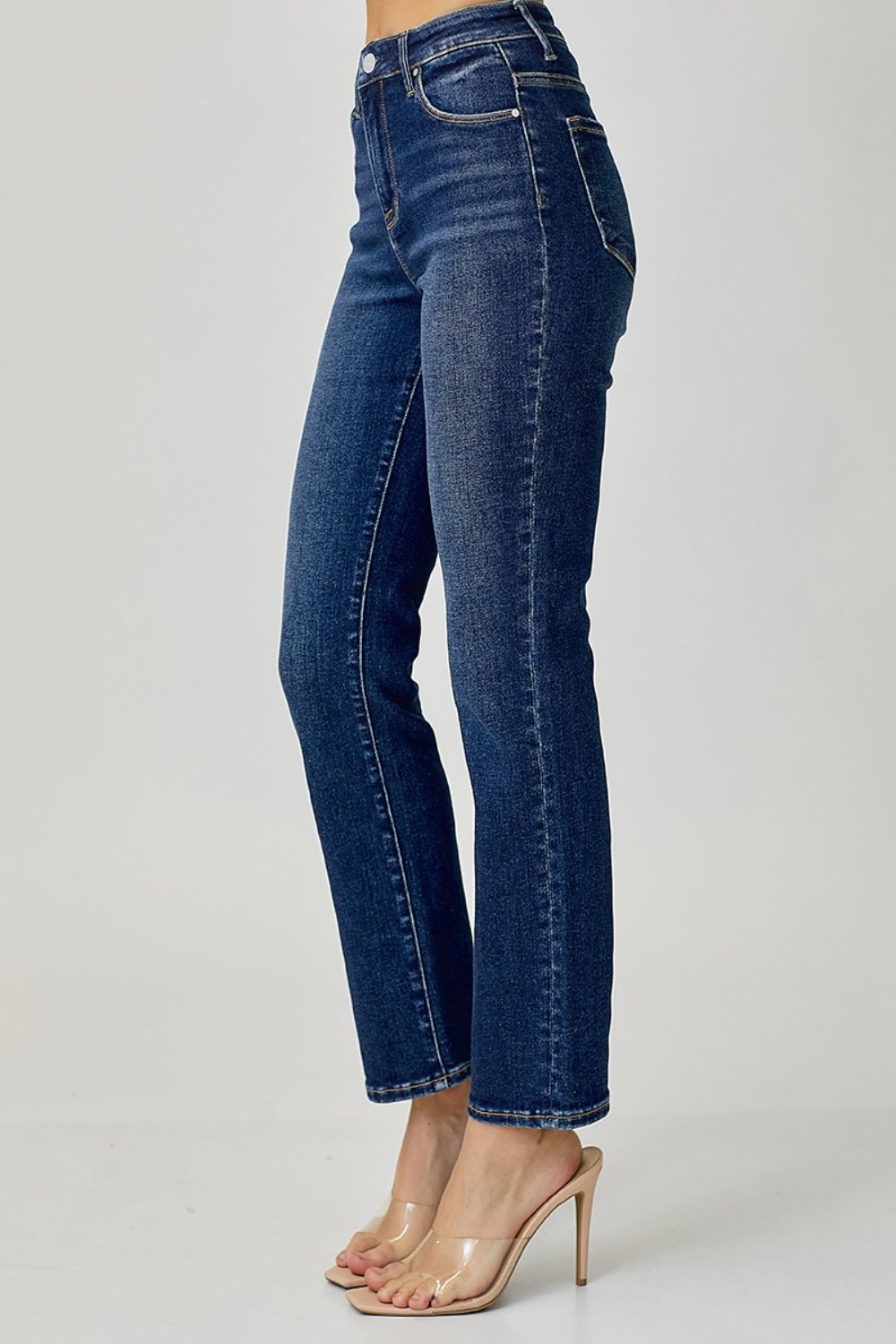 RISEN High Waist Straight Jeans paired with heels, showing a chic outfit combination.