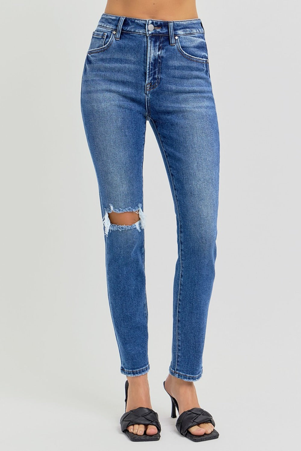 RISEN Jeans | Distressed High Rise Ankle Length Skinny Leg