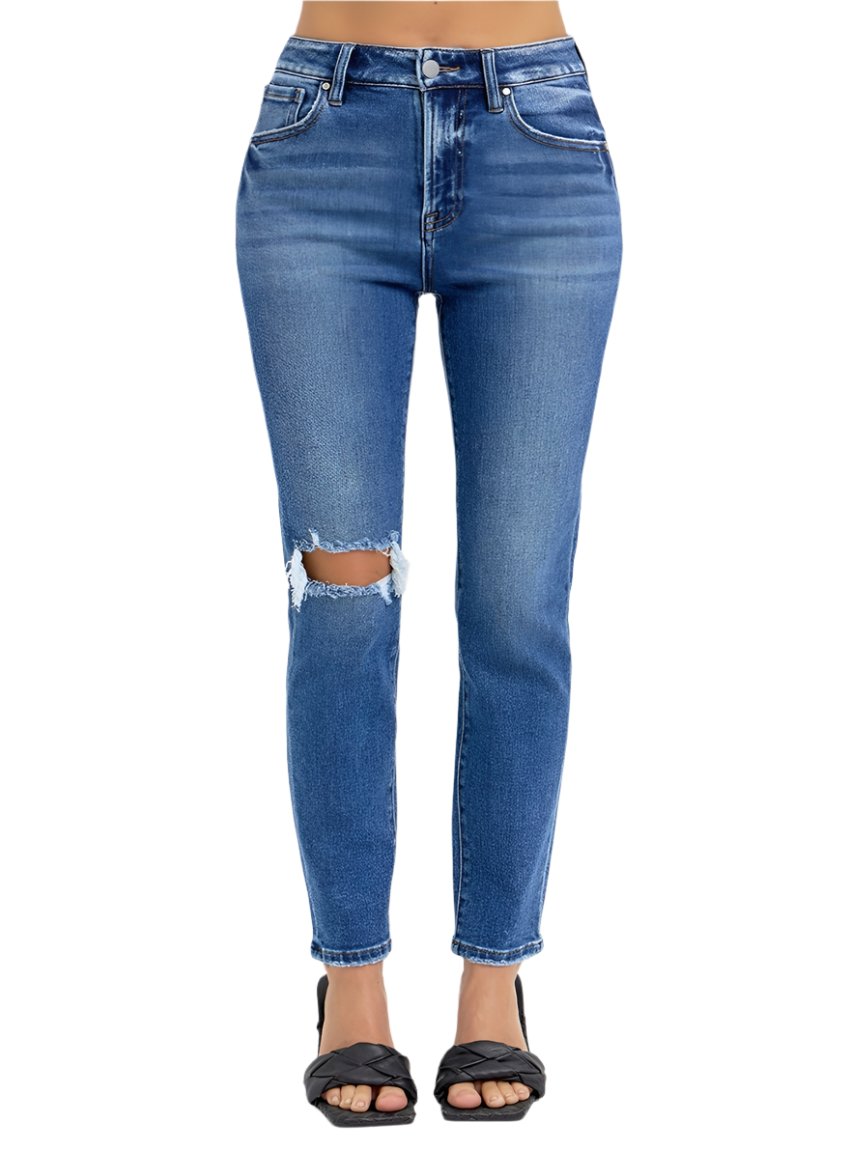 RISEN Jeans | Distressed High Rise Ankle Length Skinny Leg