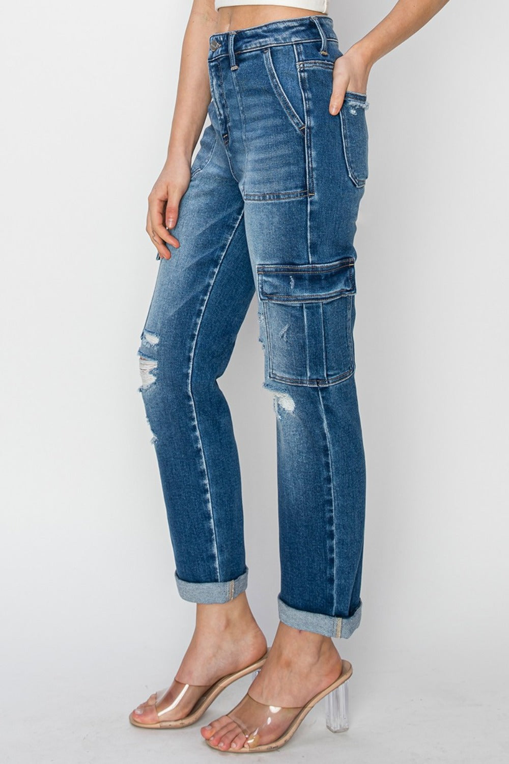 RISEN Jeans | High Rise Cargo Roll Up Ankle Straight Leg