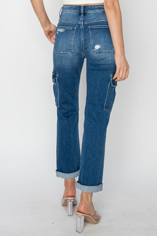 RISEN Jeans | High Rise Cargo Roll Up Ankle Straight Leg