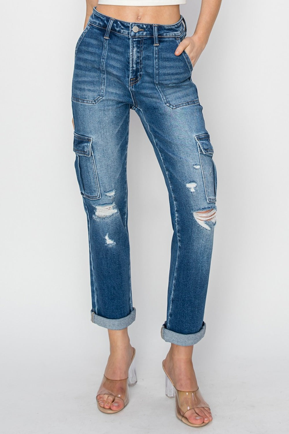 RISEN Jeans | High Rise Cargo Roll Up Ankle Straight Leg