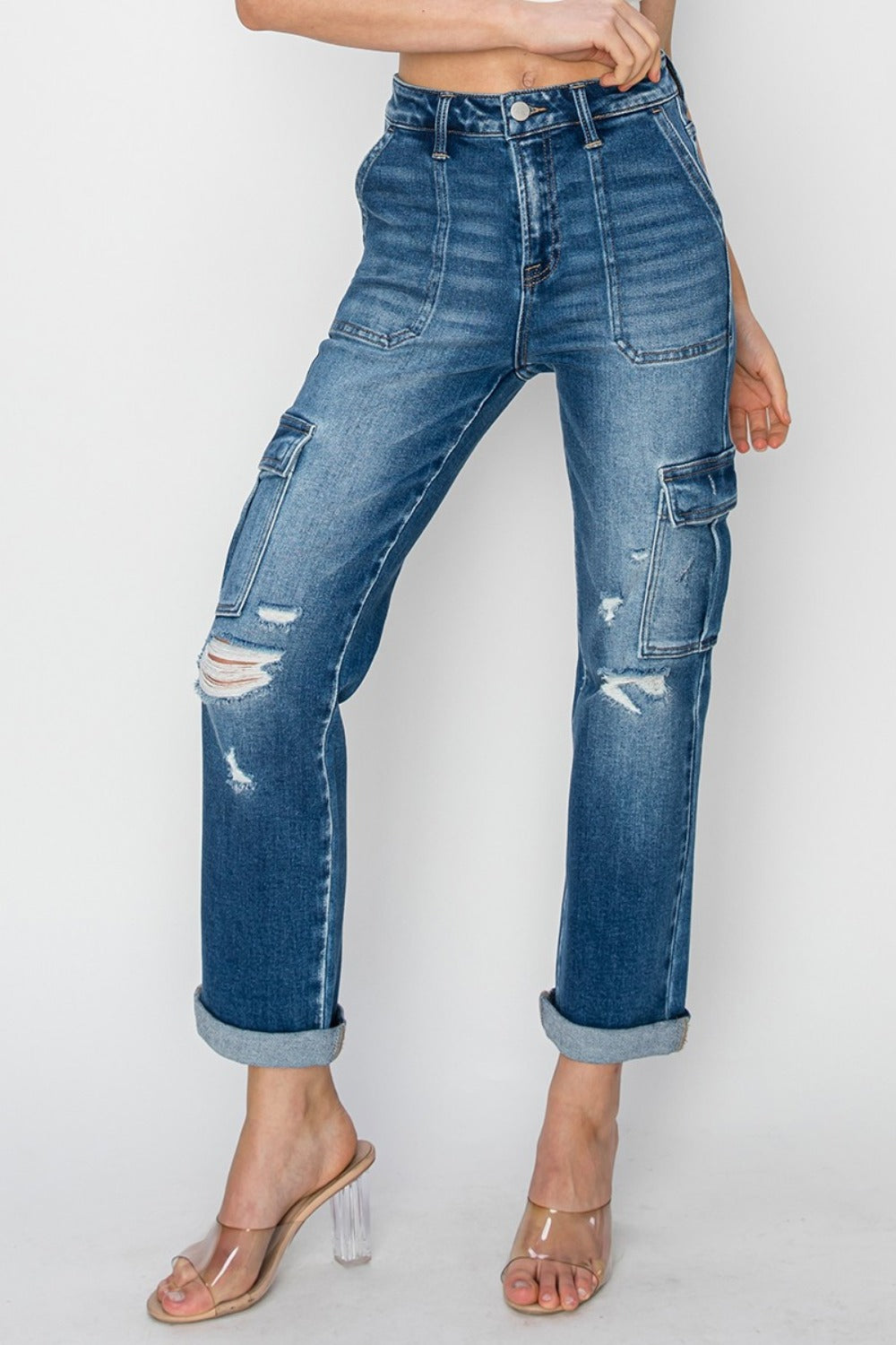 RISEN Jeans | High Rise Cargo Roll Up Ankle Straight Leg