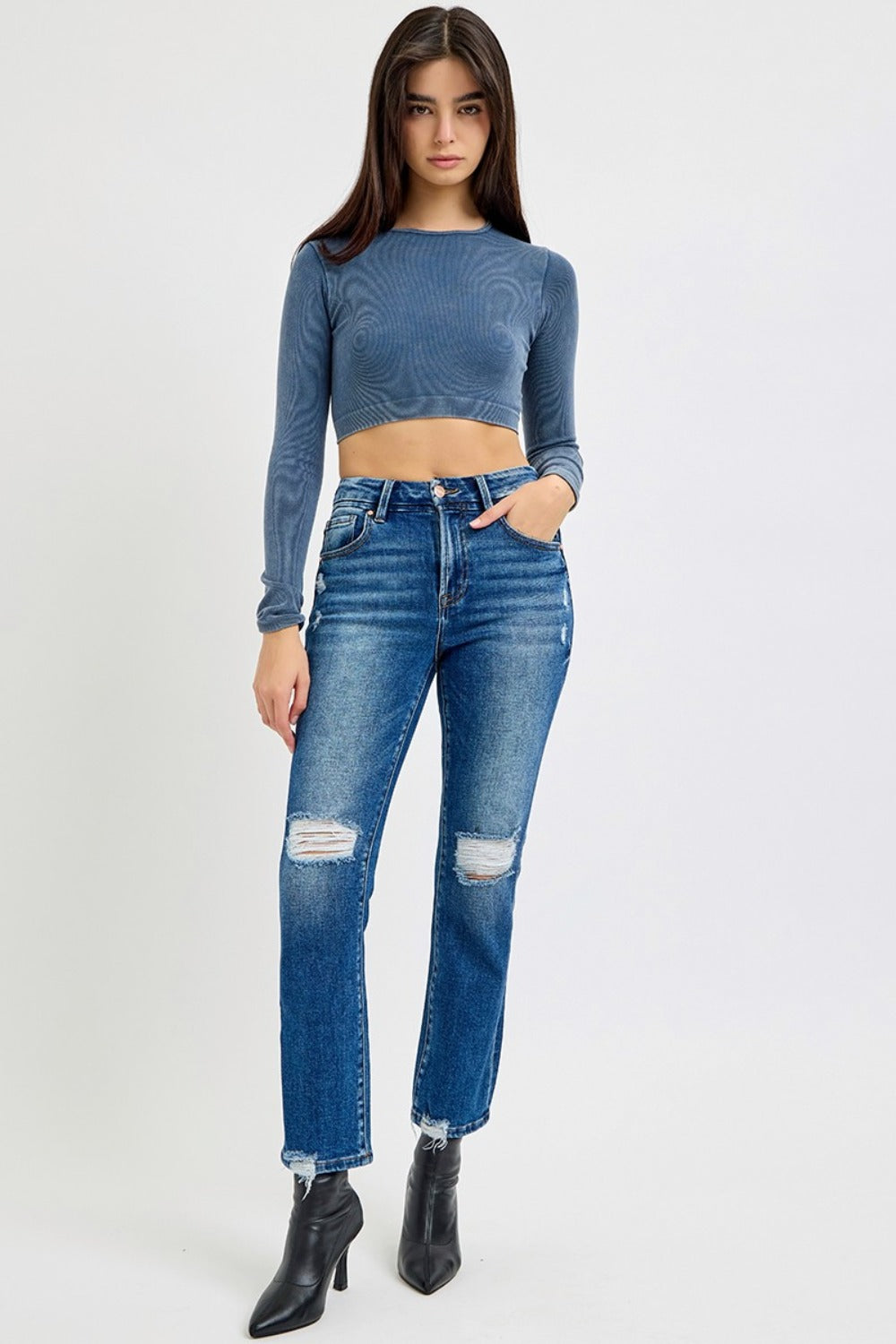 RISEN Jeans | High Rise Distressed Cropped Straight Leg