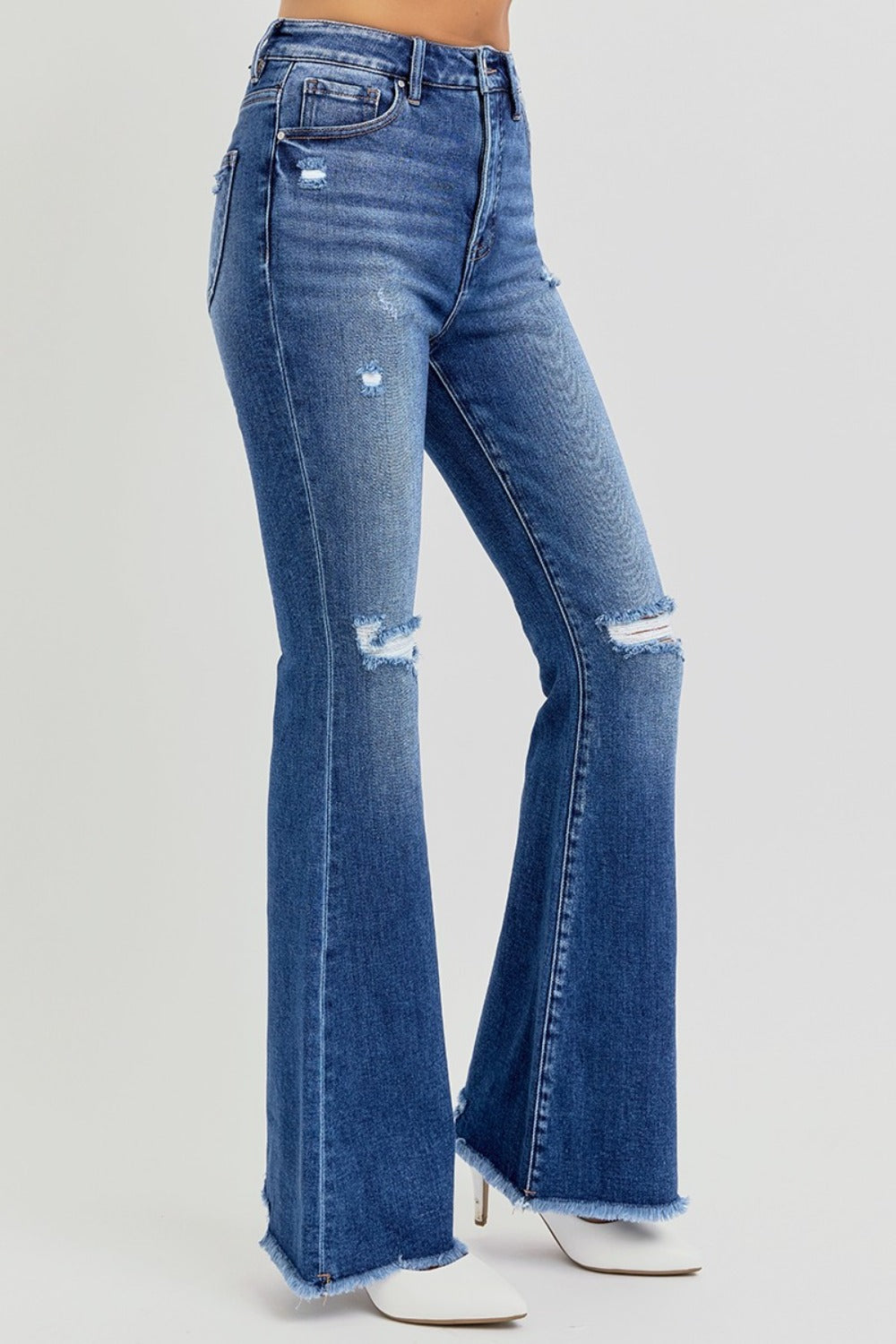 RISEN Jeans | High Rise Distressed Raw Hem Flare Leg