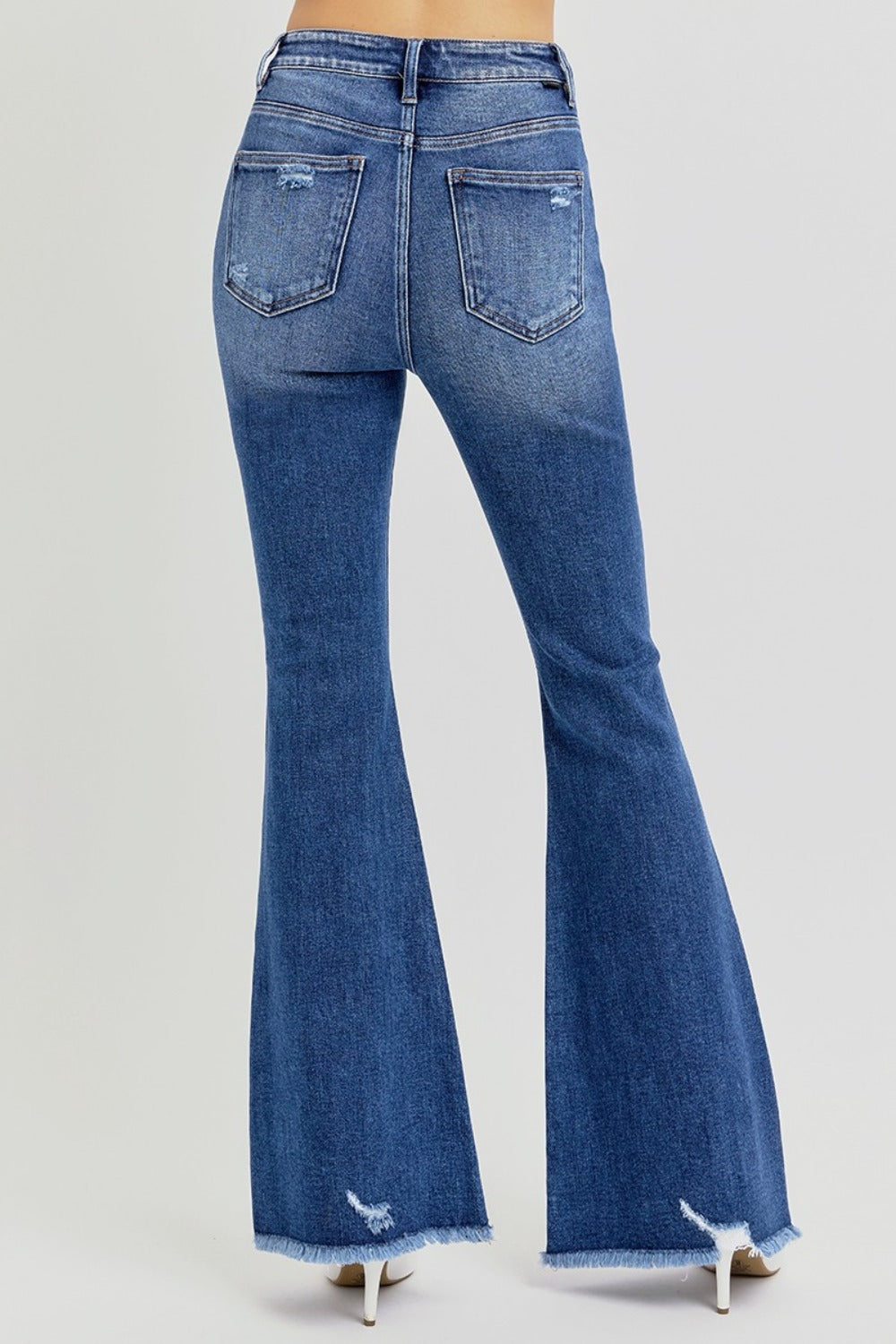 RISEN Jeans | High Rise Distressed Raw Hem Flare Leg