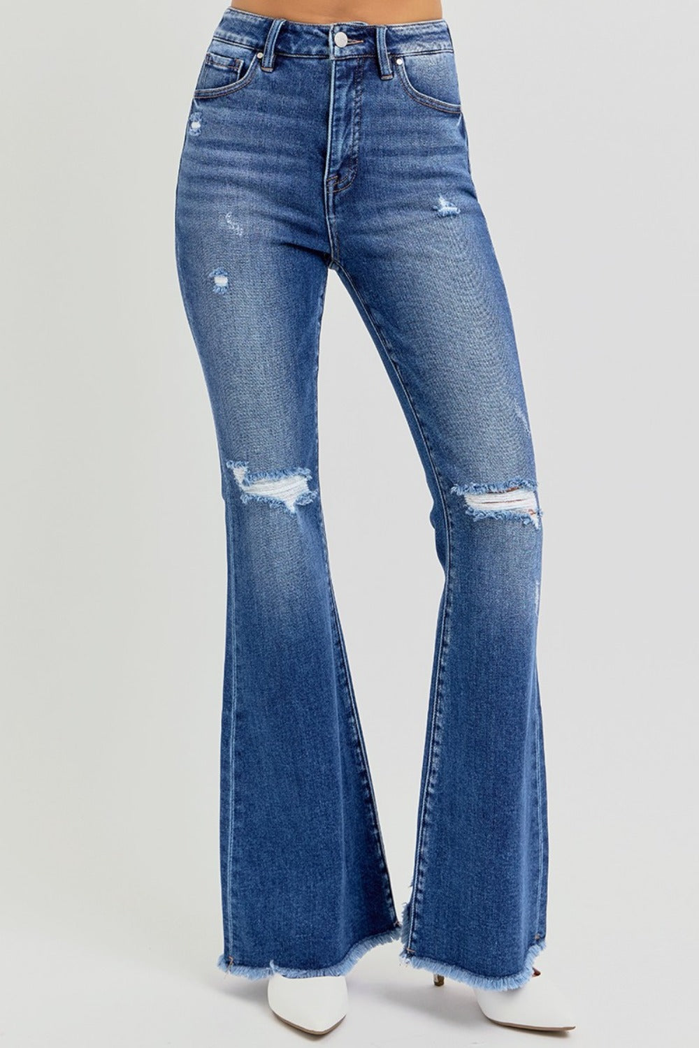 RISEN Jeans | High Rise Distressed Raw Hem Flare Leg