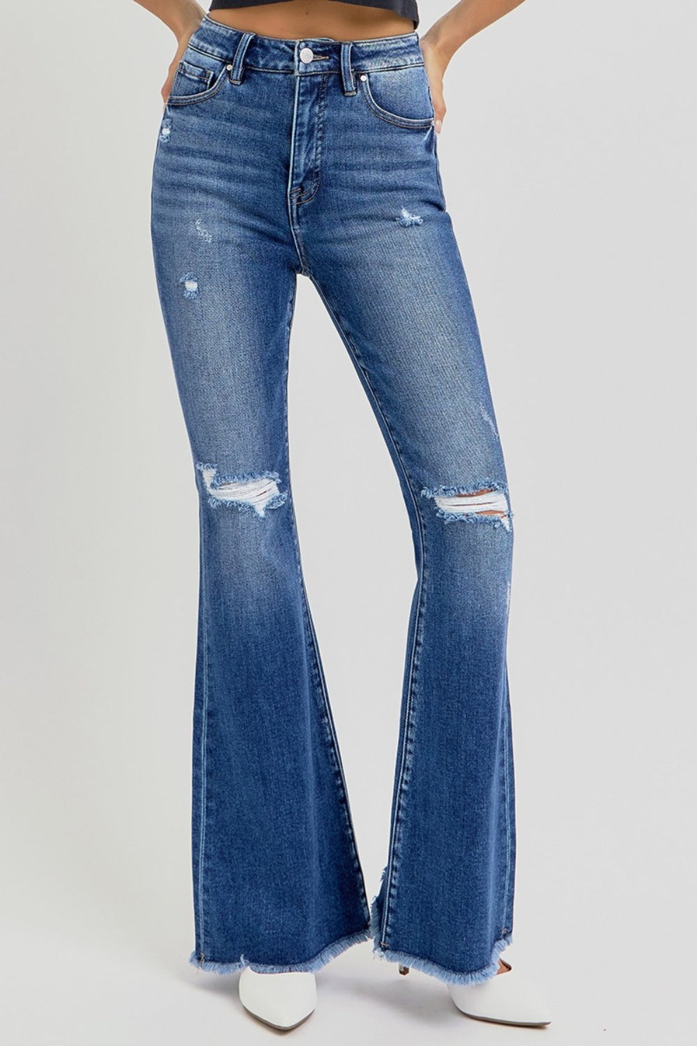 RISEN Jeans | High Rise Distressed Raw Hem Flare Leg