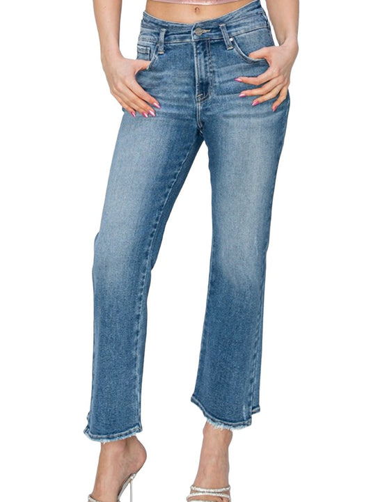 RISEN high-rise slim straight leg jeans with raw hem and pocket design
