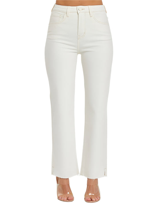 RISEN jeans in cream with high-rise tummy control and raw hem.
