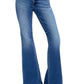 Front view of RISEN low rise flare jeans in medium wash with a flattering flare leg.
