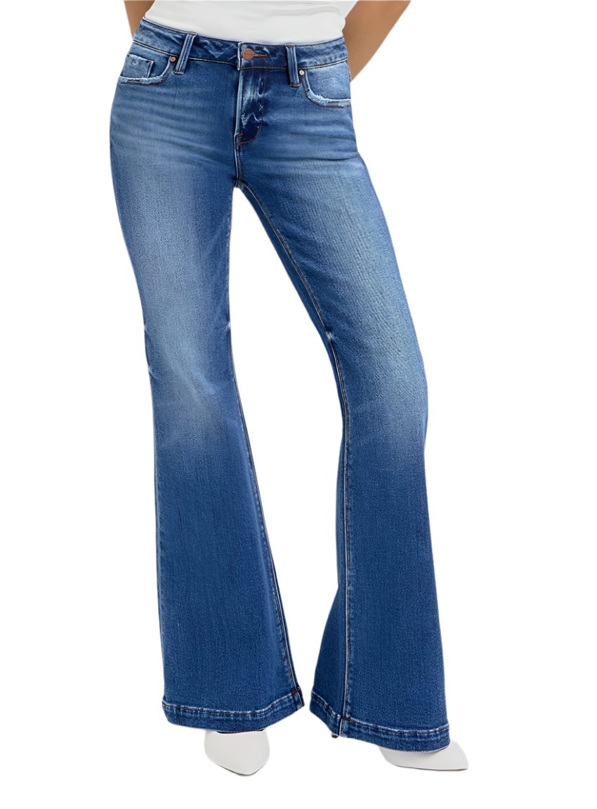 Front view of RISEN low rise flare jeans in medium wash with a flattering flare leg.
